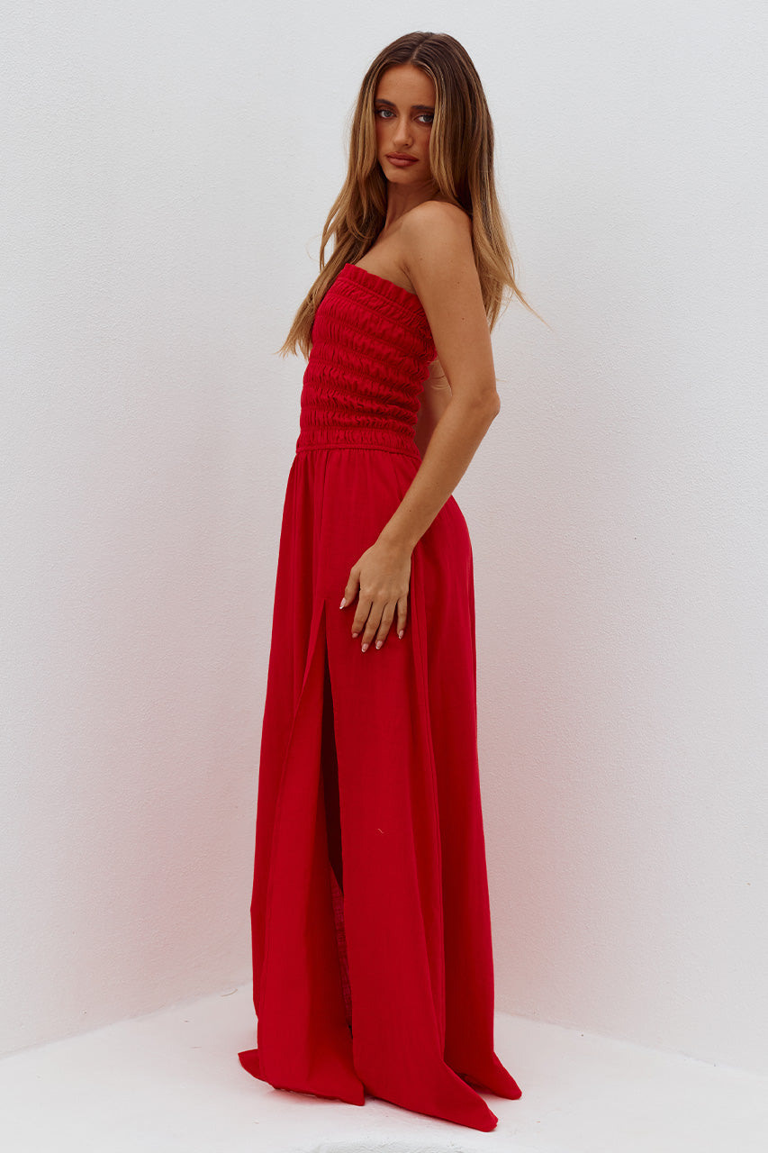 LANIE STRAPLESS SHIRRED MIDI DRESS - RED - LANIESTRAPLESSSHIRREDMIDIDRESS-RED-07