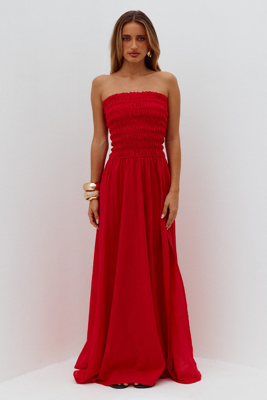 LANIE STRAPLESS SHIRRED MIDI DRESS - RED - LANIESTRAPLESSSHIRREDMIDIDRESS-RED