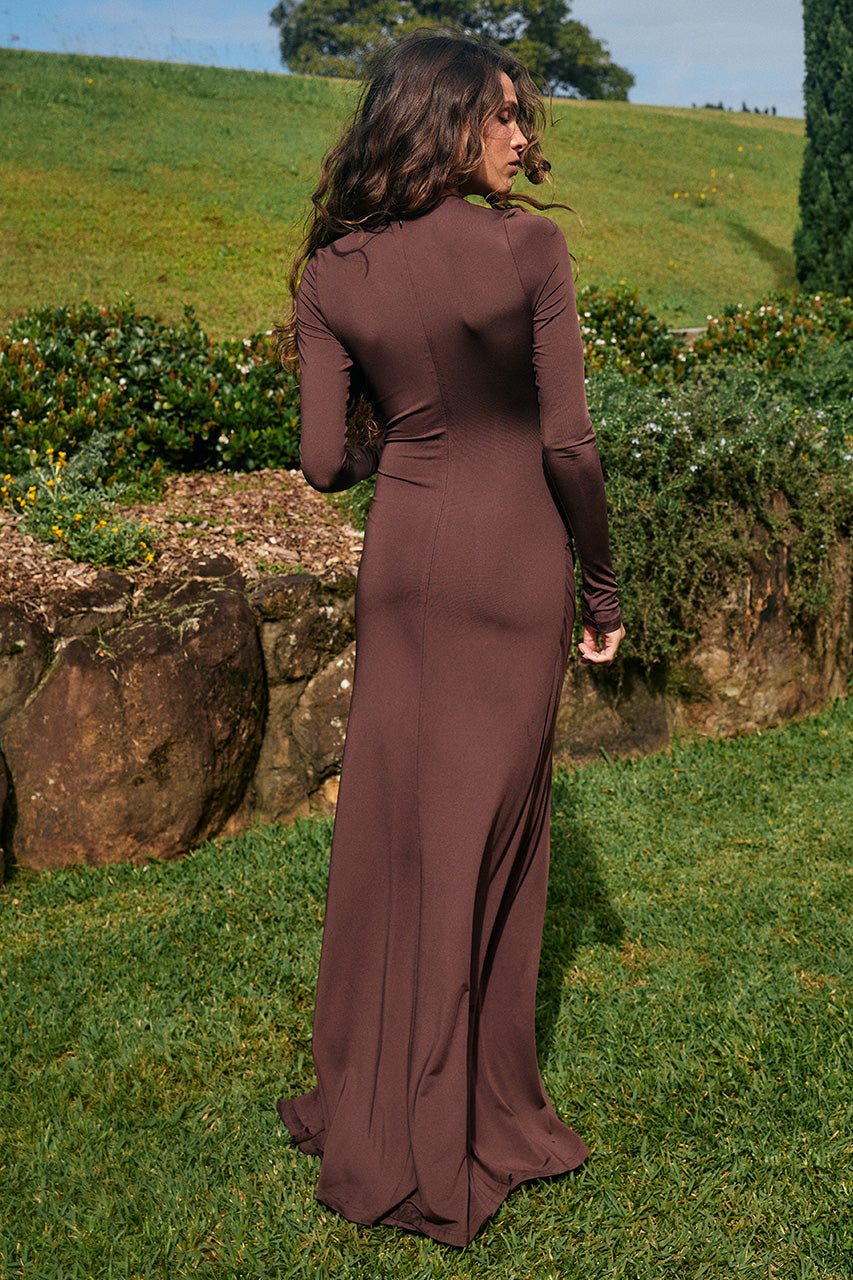 LILA LONG SLEEVE RUCHED MAXI DRESS - CHOCOLATE