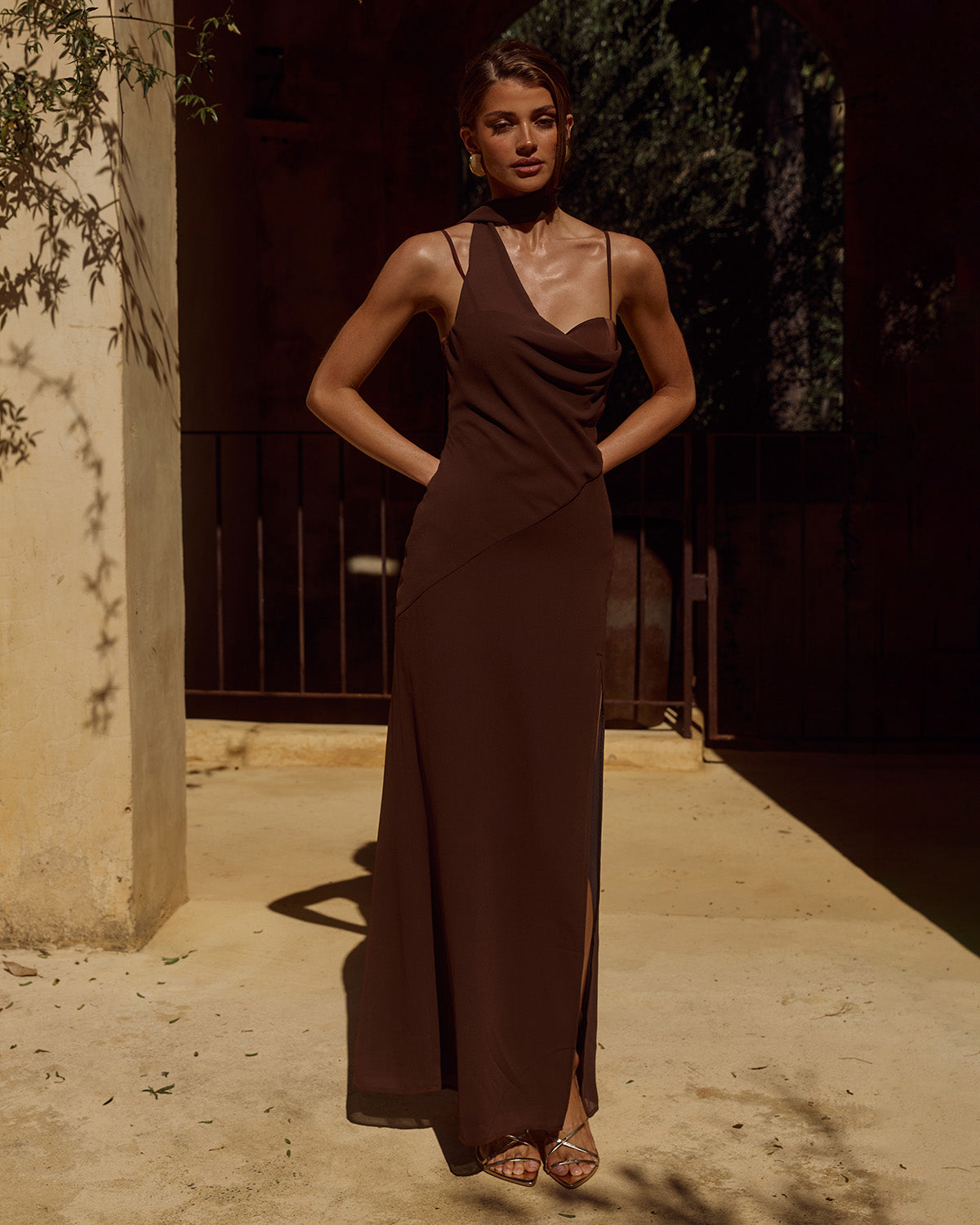 LIORA DRAPED SCARF MAXI DRESS - CHOCOLATE - LIORADRAPEDSCARFMAXIDRESS-CHOC-1