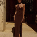 LIORA DRAPED SCARF MAXI DRESS - CHOCOLATE