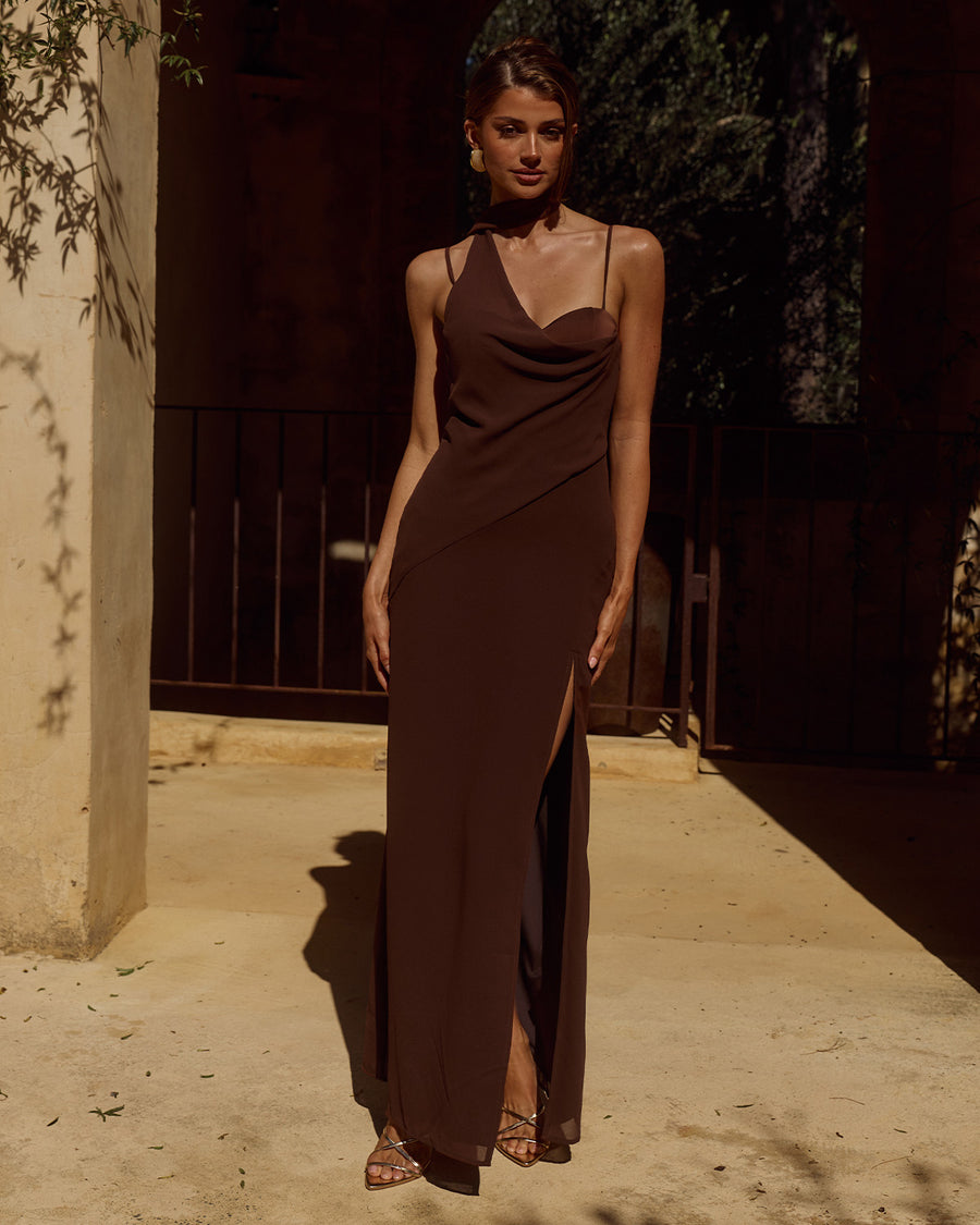 LIORA DRAPED SCARF MAXI DRESS - CHOCOLATE XXL - LIORADRAPEDSCARFMAXIDRESS-CHOC