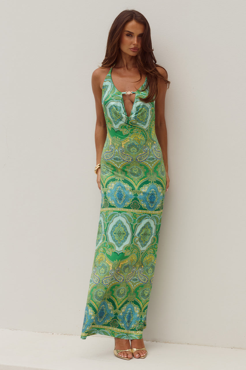 LIVIA HALTER COWL MAXI DRESS - INDIANA GREEN
