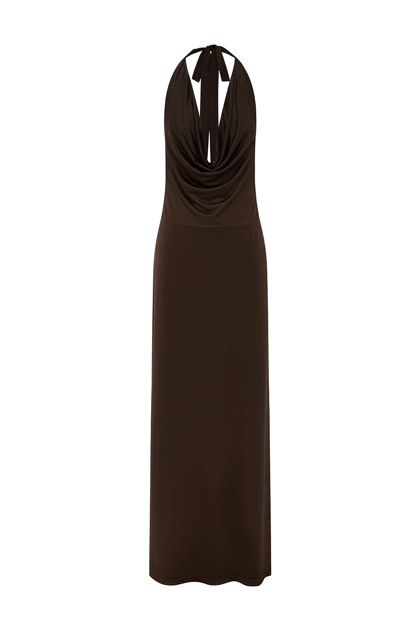 LOTUS HALTER COWL MAXI DRESS - BITTER CHOCOLATE - LOTUSHALTERCOWLMAXIDRESSBITTERCHOCOLATE_9