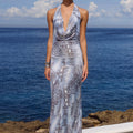 LOTUS HALTER COWL MAXI DRESS - STEEL VIPER