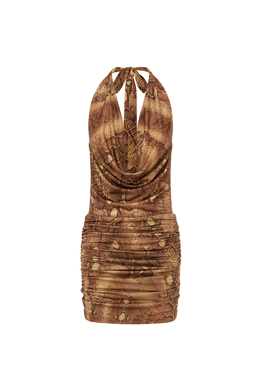 LOTUS HALTER COWL MINI DRESS - TAN VIPER - LOTUSHALTERCOWLMINIDRESSTANVIPER_8