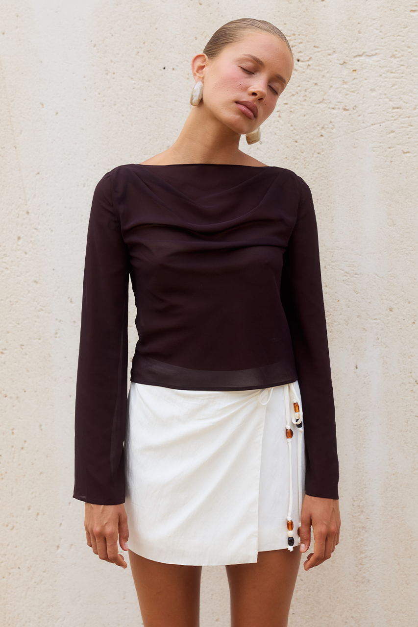 LUCIANA BOAT NECK LONG SLEEVE TOP - CHOCOLATE