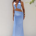 LUMIA HALTER CUTOUT MAXI DRESS - PERIWINKLE/LEMON POLKA