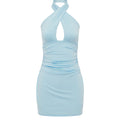 LUSH CROSS OVER HALTER MINI DRESS - SKY BLUE