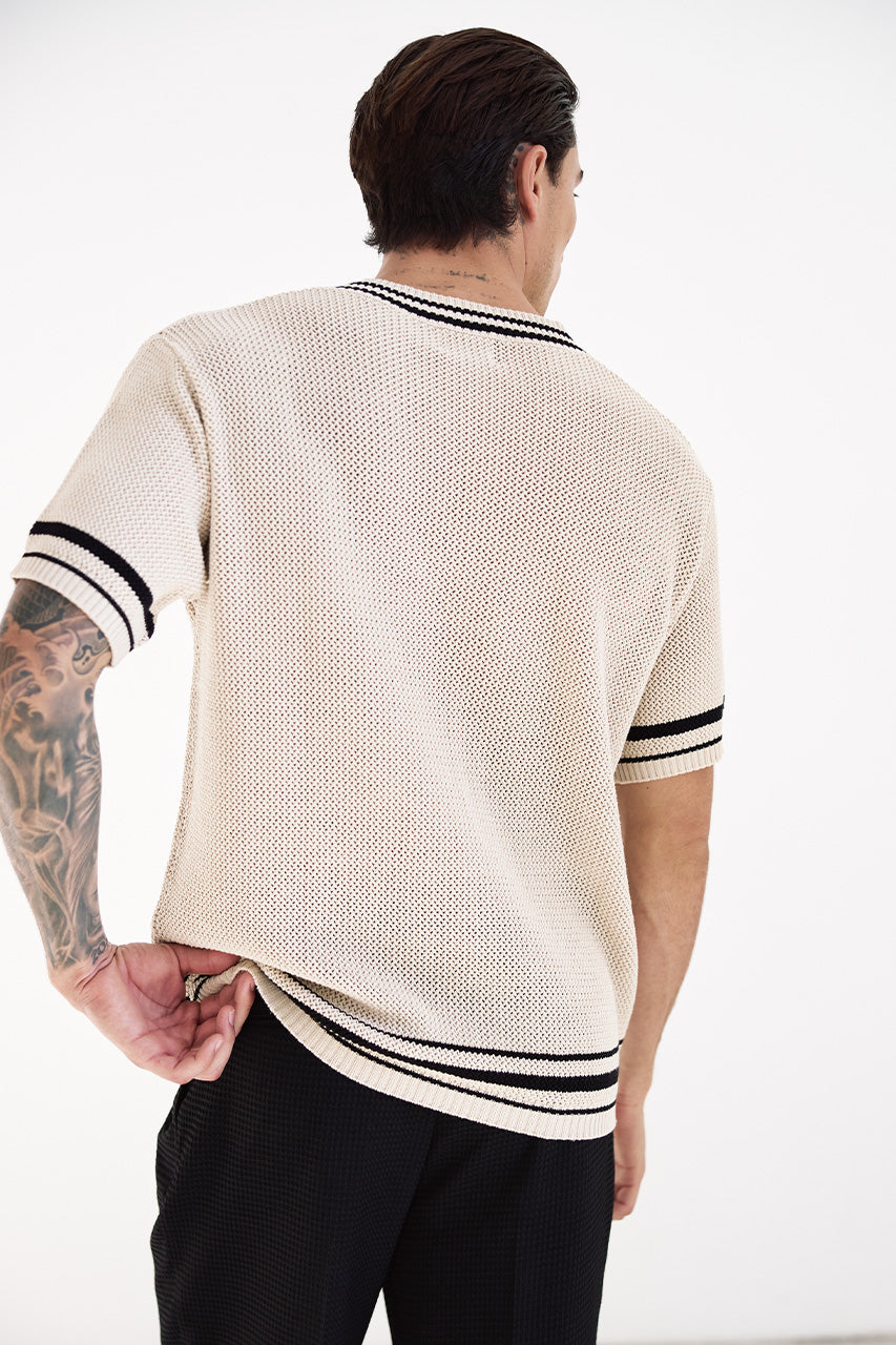 MAKKA V-NECK SHORT SLEEVE KNIT TOP - SAND