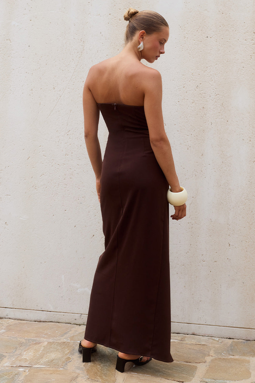 MARTA STRAPLESS MAXI DRESS - CHOCOLATE/SAND STRIPE