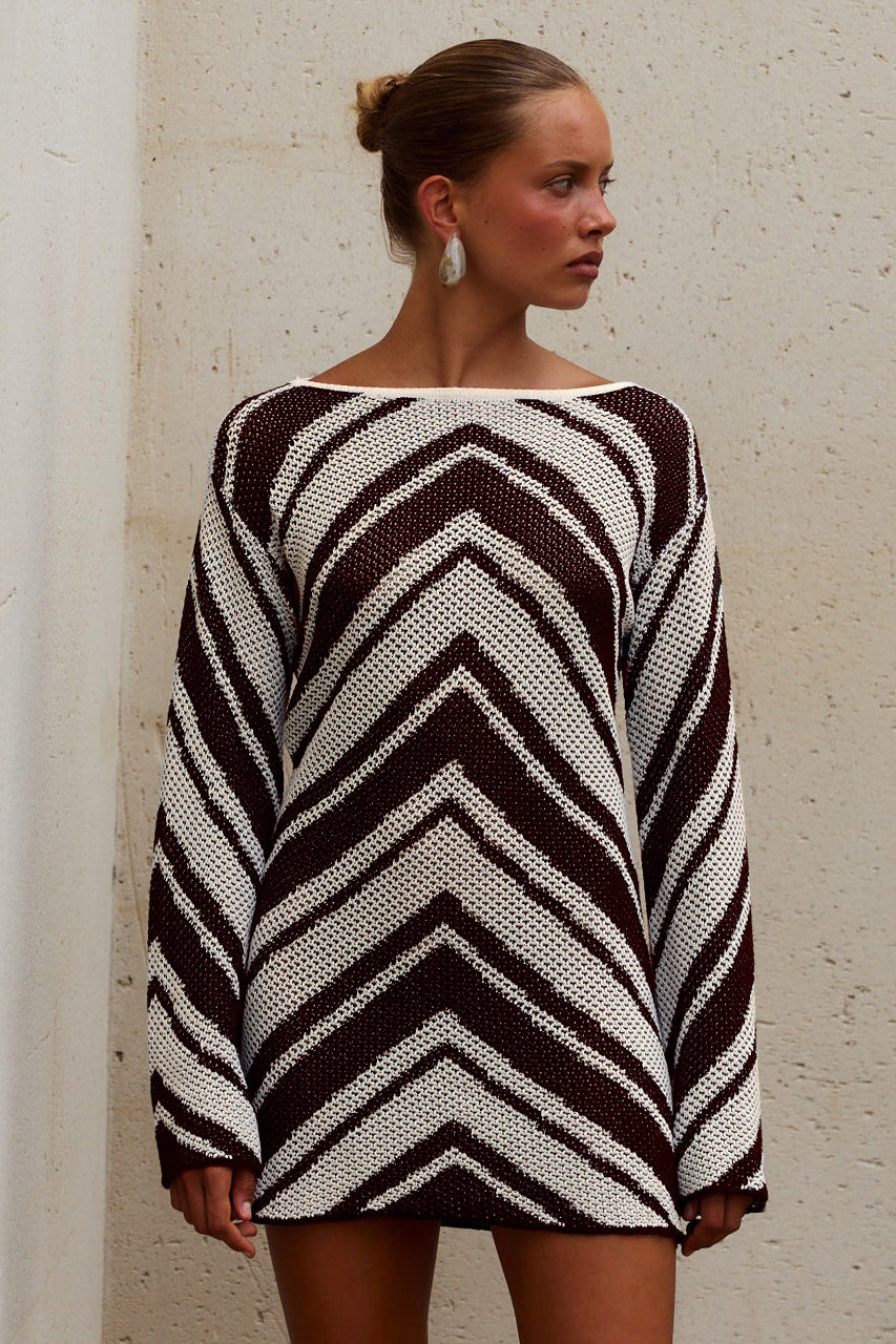 MAZIE LONG SLEEVE KNIT MINI DRESS - CHOCOLATE/BUTTER CREAM - MAZIELONGSLEEVEKNITMINIDRESS-CHOCOLATE_BUTTERCREAM-2