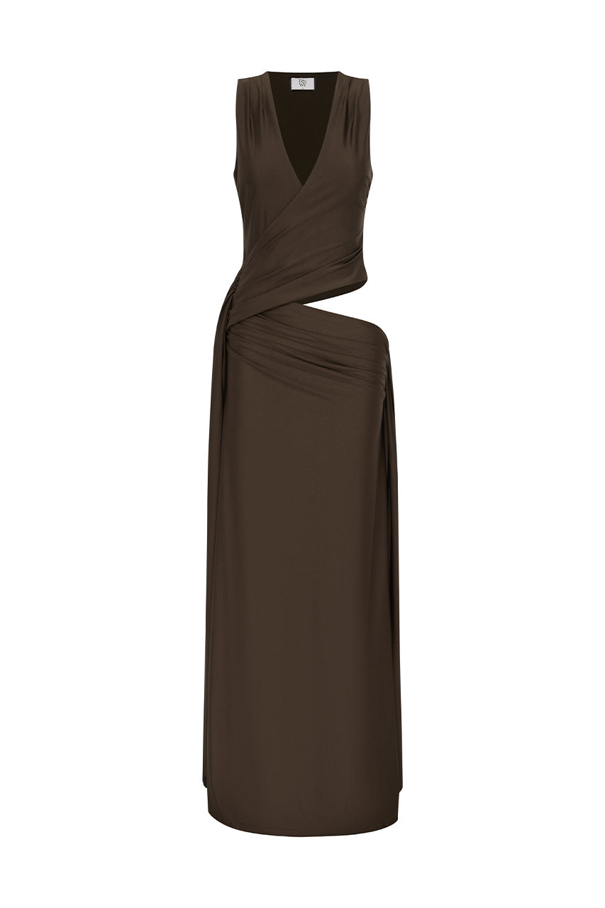 MAZINI DEEP PLUNGE MAXI DRESS - BITTER CHOCOLATE - MAZINIDEEPPLUNGEMAXIDRESS-BITTERCHOCOLATE