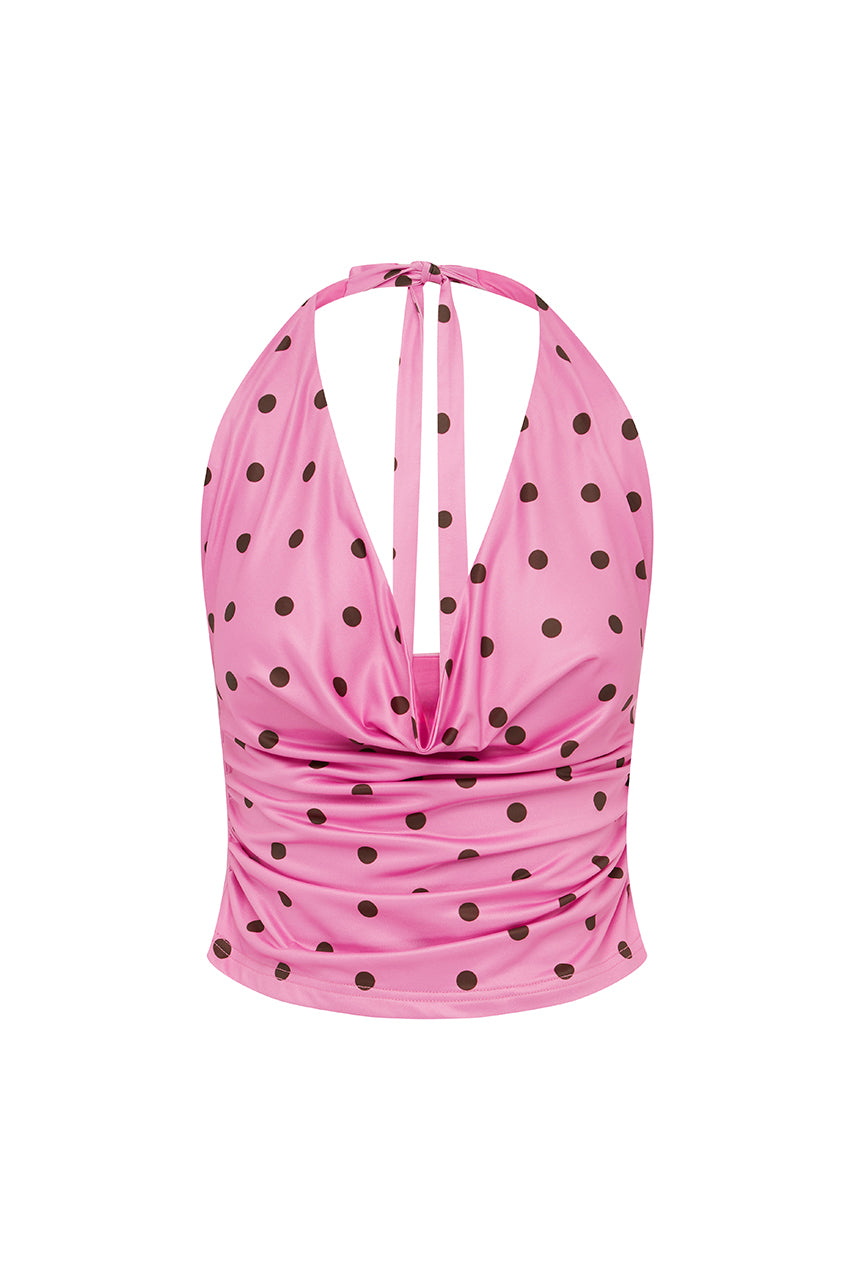 MELODY HALTER COWL TOP - MUSK/CHOC POLKA - MELODY-HALTER-COWL-TOP---MUSK-CHOC-POLKA