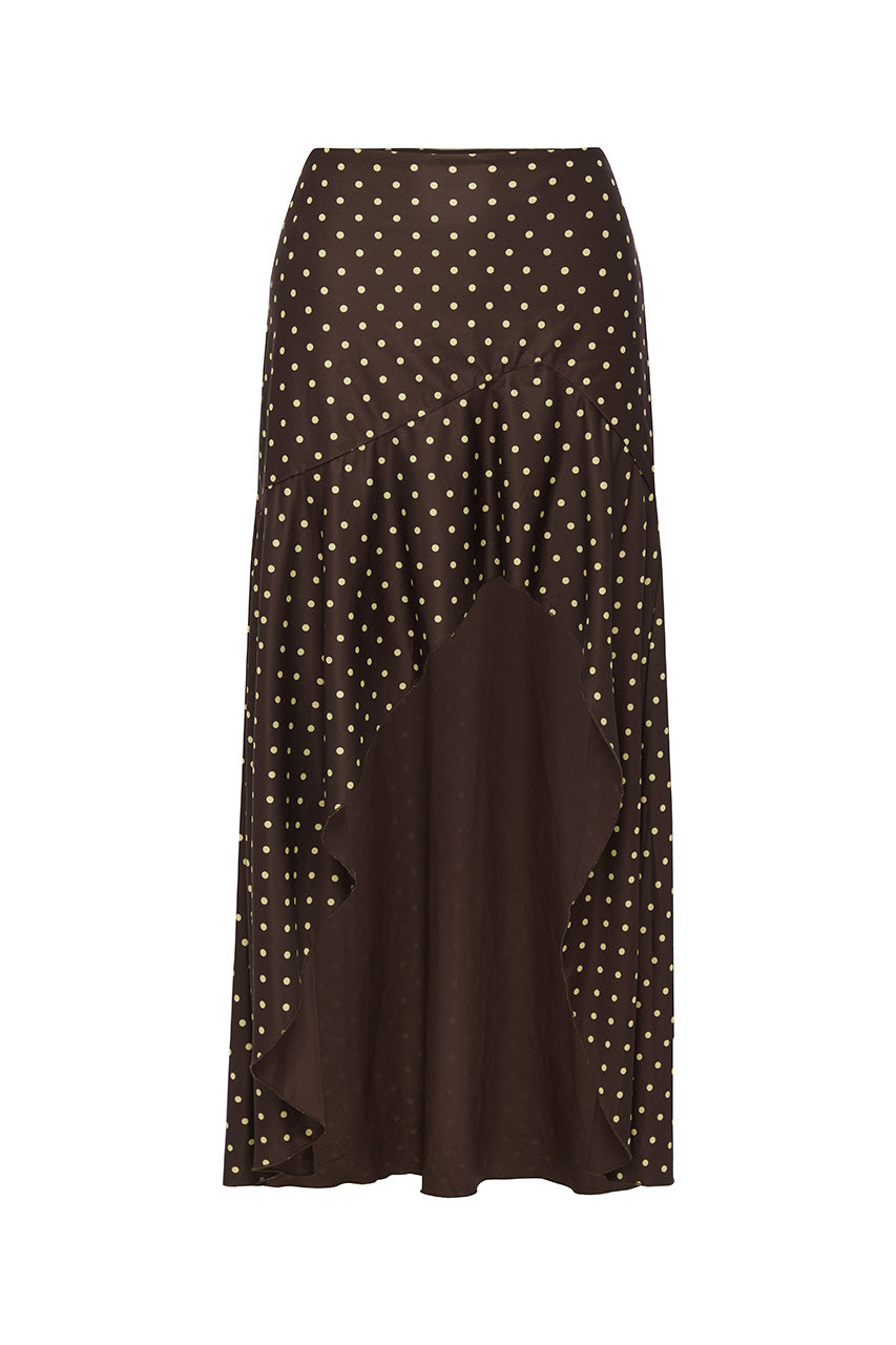 MELODY FLOUNCE MIDI SKIRT - CHOC/LEMON POLKA - MELODYFLOUNCEMIDISKIRT-CHOC_LEMONPOLKA