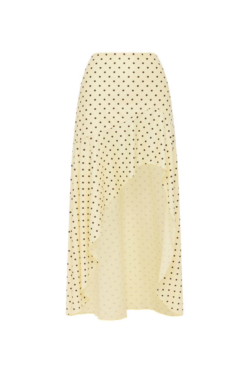 MELODY FLOUNCE MIDI SKIRT - LEMON/CHOC POLKA - MELODYFLOUNCEMIDISKIRT-LEMON_CHOCPOLKA