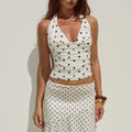 MELODY HALTER COWL TOP - CREAM/BLACK POLKA