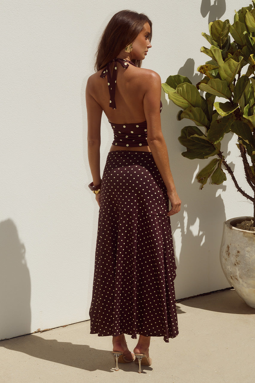 MELODY FLOUNCE MIDI SKIRT - CHOC/LEMON POLKA - MELODYHALTERCOWLTOPxMELODYFLOUNCEMIDISKIRT-CHOC_LEMONPOLKA-4