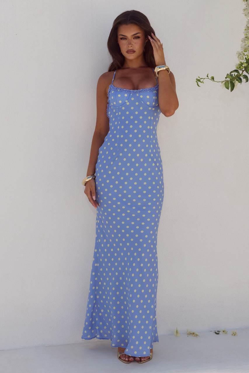 MONET CROSS BACK MAXI DRESS - PERIWINKLE/LEMON POLKA