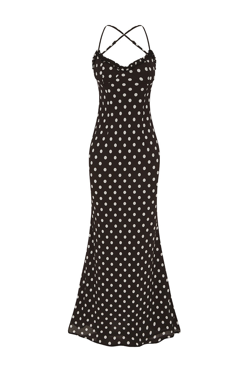 MONET CROSS BACK MAXI DRESS - BLACK POLKA - MONETMAXIDRESS