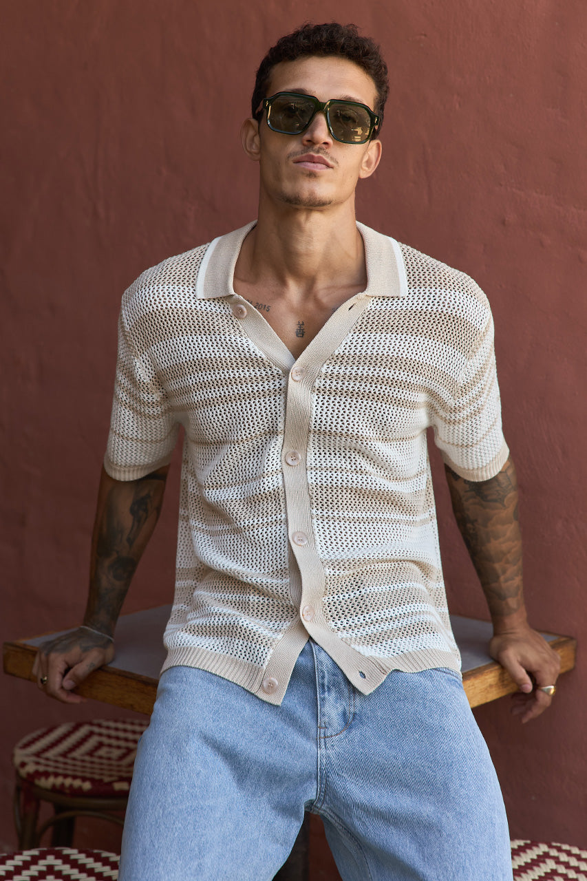 MONROE SHORT SLEEVE KNIT TOP - SAND/WHITE STRIPE - MONROESHORTSLEEVEKNITTOP-SAND_WHITESTRIPE-1