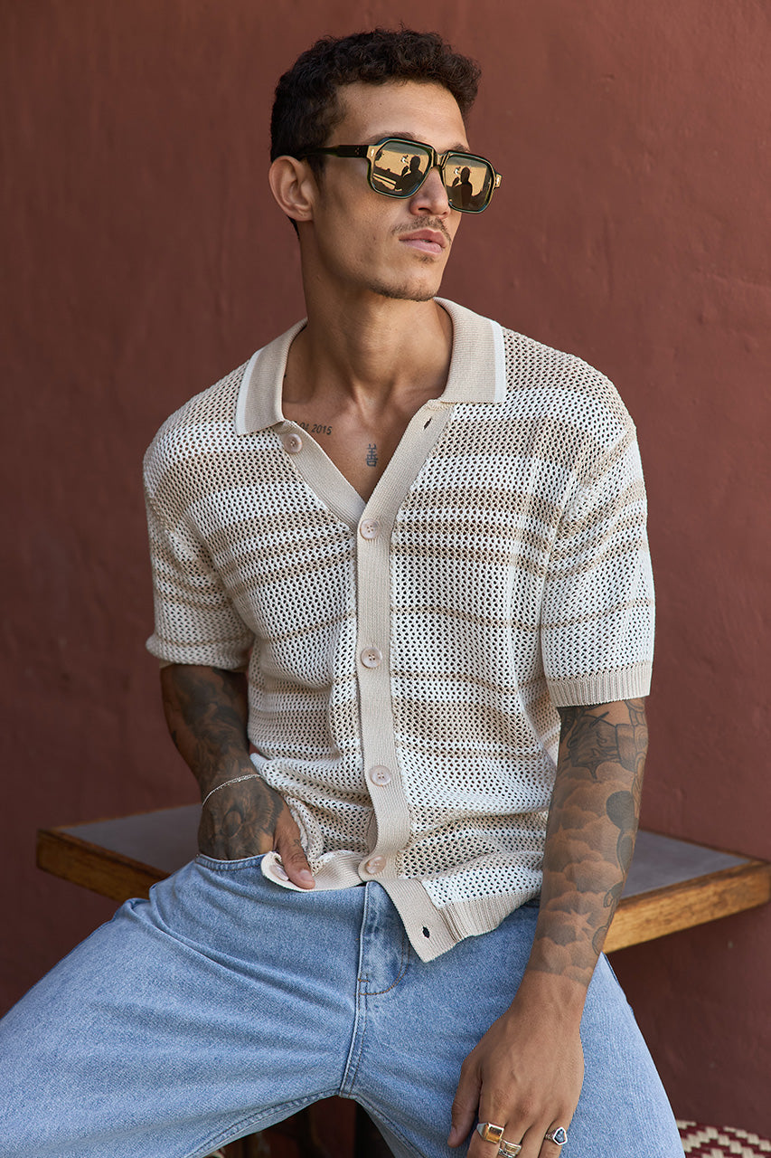 MONROE SHORT SLEEVE KNIT TOP - SAND/WHITE STRIPE - MONROESHORTSLEEVEKNITTOP-SAND_WHITESTRIPE-2