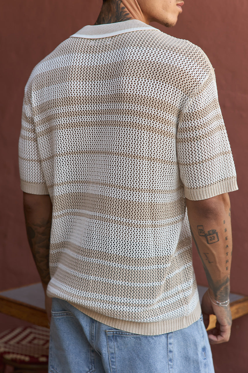 MONROE SHORT SLEEVE KNIT TOP - SAND/WHITE STRIPE