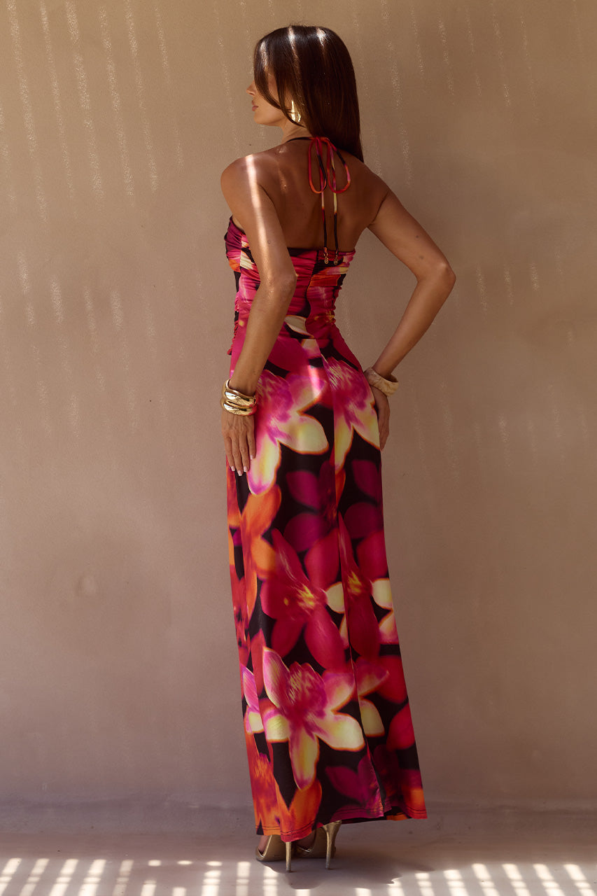NINA RUCHED HALTER MAXI DRESS - SKYE BLACK