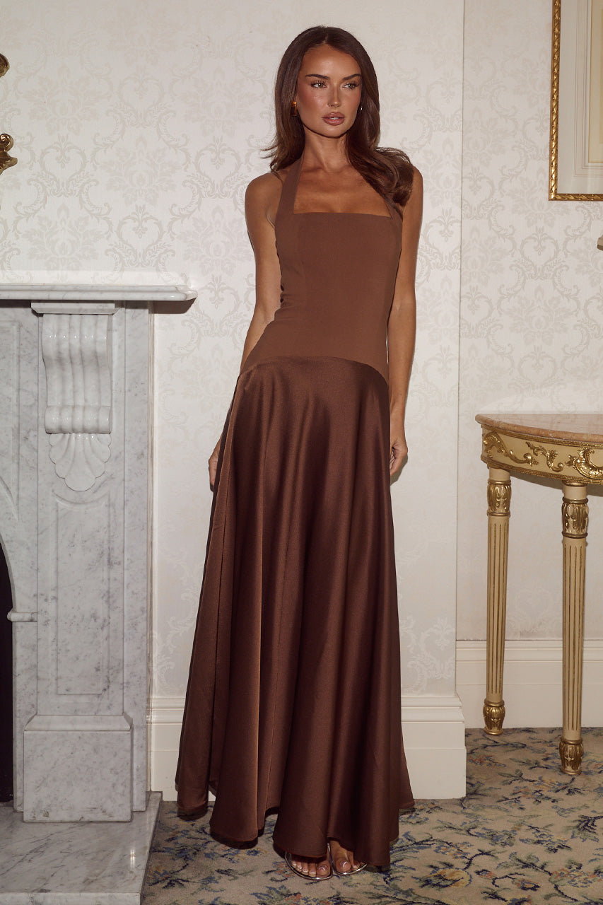ODINA SQUARE NECK MAXI DRESS - CHOCOLATE