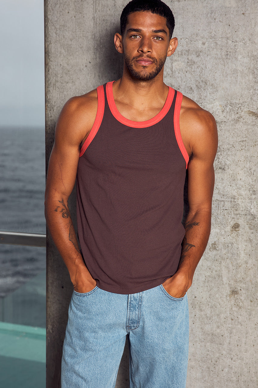 RAUL RIBBED SINGLET - CHOC/ORANGE - RAULRIBBEDSINGLET-CHOC_ORANGEXNICOLOWIDELEGJEANS-BLUEMIDWASH