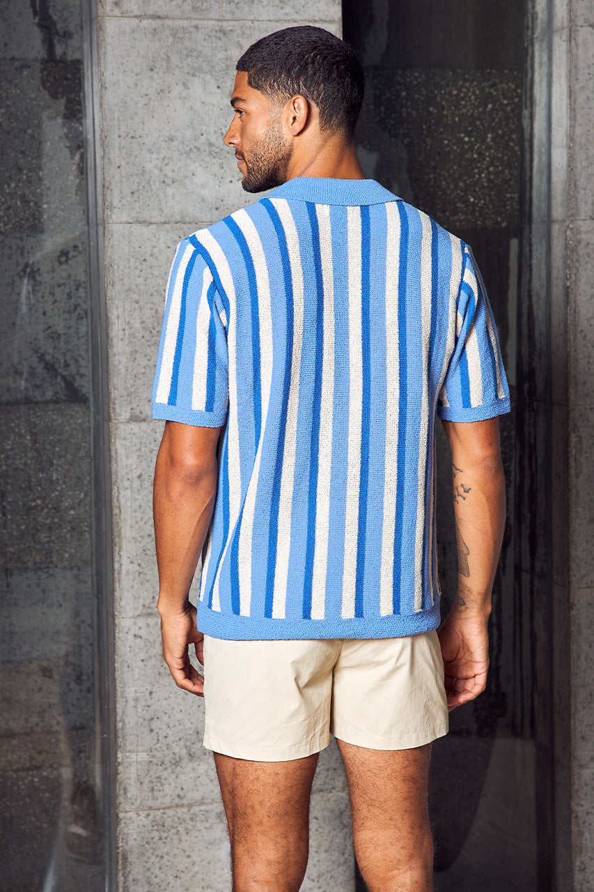 RICCARDO KNIT TOP - BLUE/SAND STRIPE - RICCARDOKNITTOP-BLUESANDSTRIPXMASONELASTICWAISTSHORTS-SAND-1
