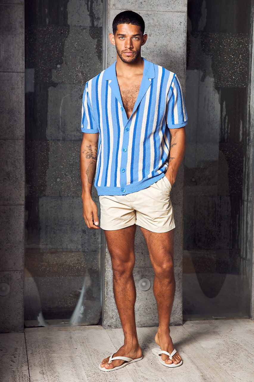 RICCARDO KNIT TOP - BLUE/SAND STRIPE - RICCARDOKNITTOP-BLUESANDSTRIPXMASONELASTICWAISTSHORTS-SAND-5
