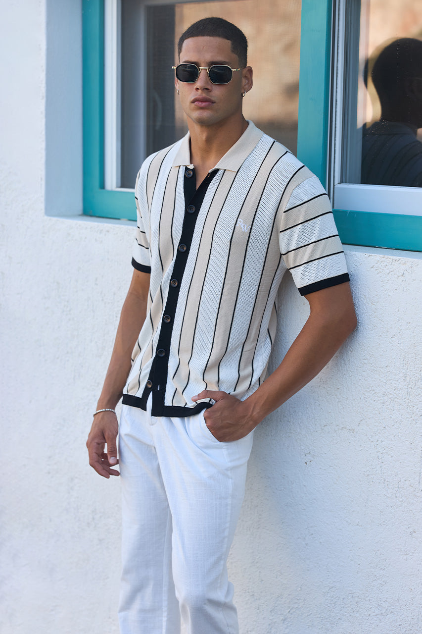 RONALDO COLLARED KNIT TOP - SAND STRIPE
