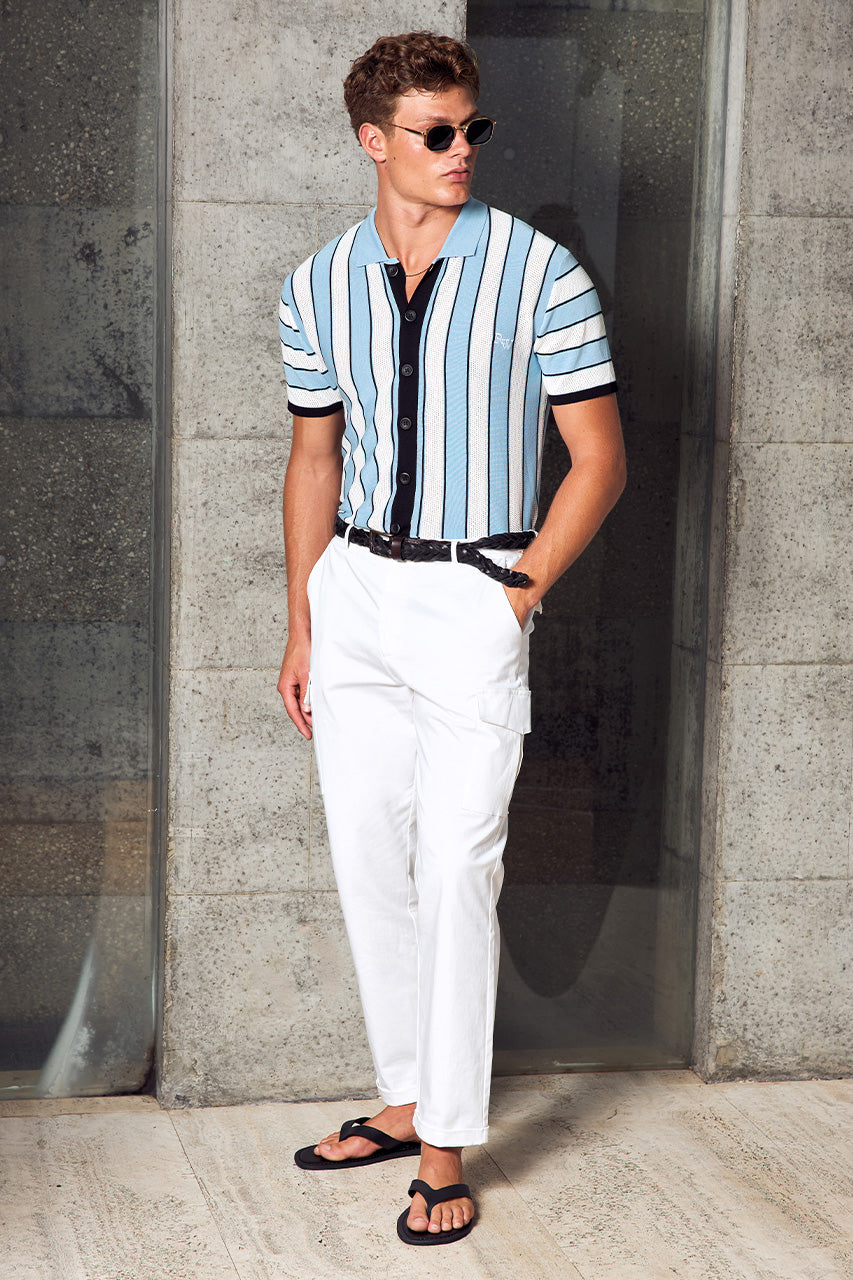RONALDO COLLARED KNIT TOP - SKY BLUE STRIPE - RONALDO_COLLARED_KNIT_TOP_-_SKY_BLUE_STRIPE_X_CRUISE_TAPERED_CARGO_PANT_-_WHITE_-1