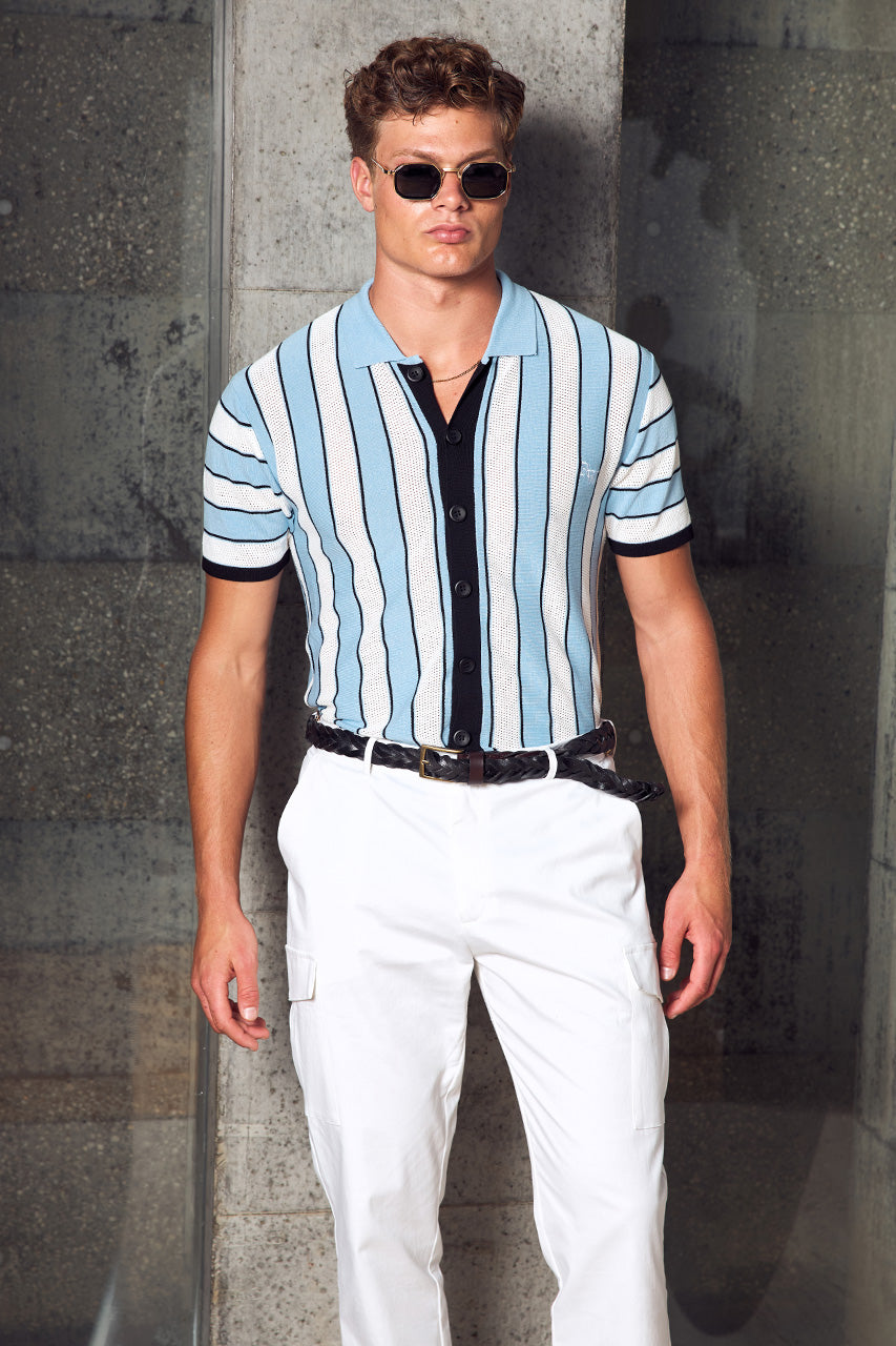 RONALDO COLLARED KNIT TOP - SKY BLUE STRIPE