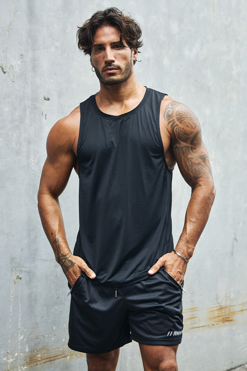 RUNAWAY MUSCLE TANK TOP - BLACK - RUNAWAYMUSCLETANKTOP-BLACKxWAYNEDRAWSTRINGSHORTS-BLACK