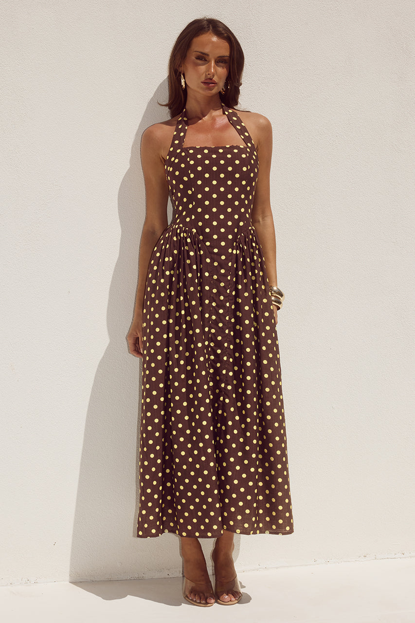 SAMMI HALTER MIDI DRESS - CHOC/LEMON POLKA - SAMMI-HALTER-MIDI-DRESS---CHOC-LEMON-POLKA-_5