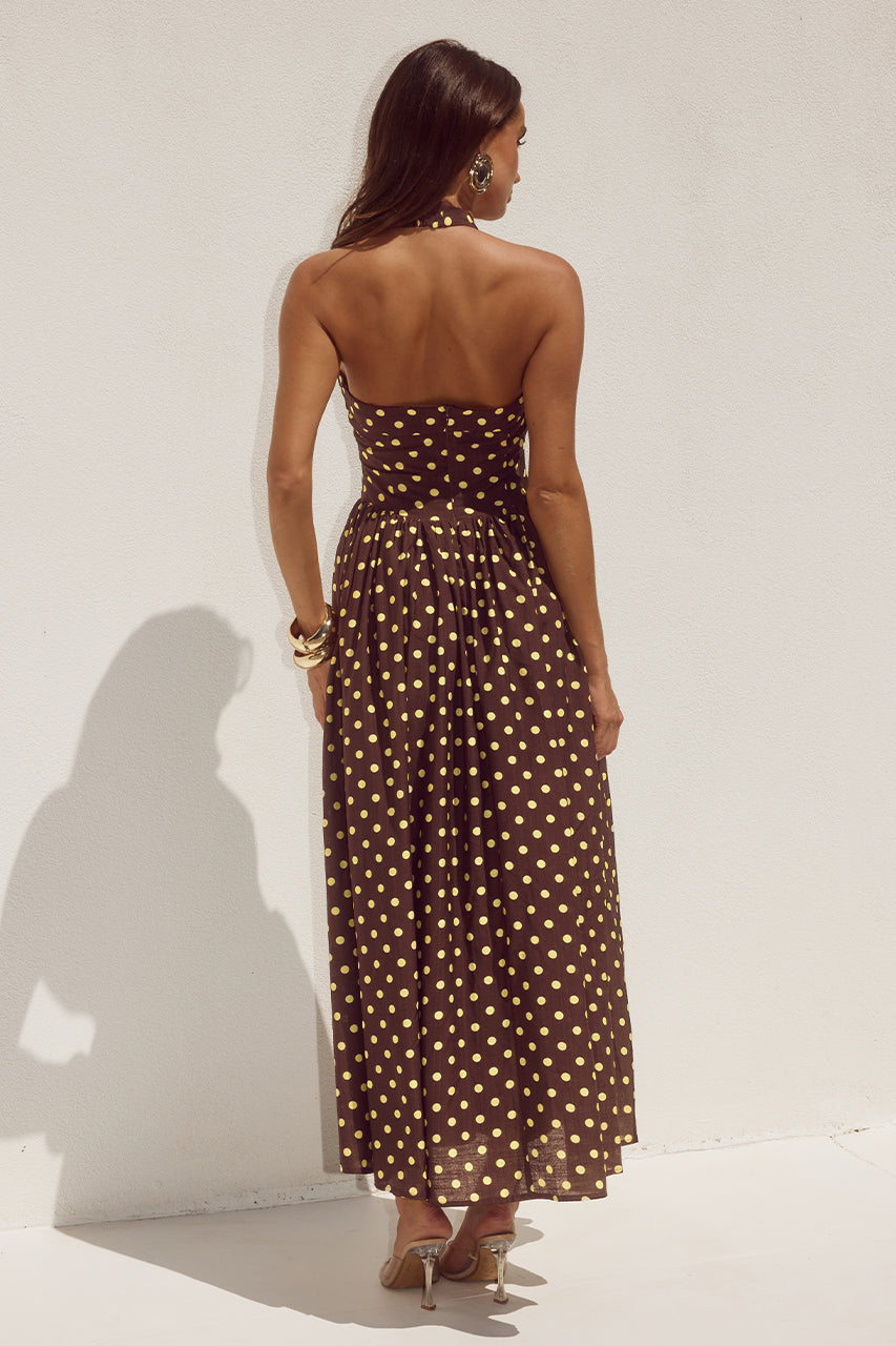 SAMMI HALTER MIDI DRESS - CHOC/LEMON POLKA - SAMMI-HALTER-MIDI-DRESS---CHOC-LEMON-POLKA