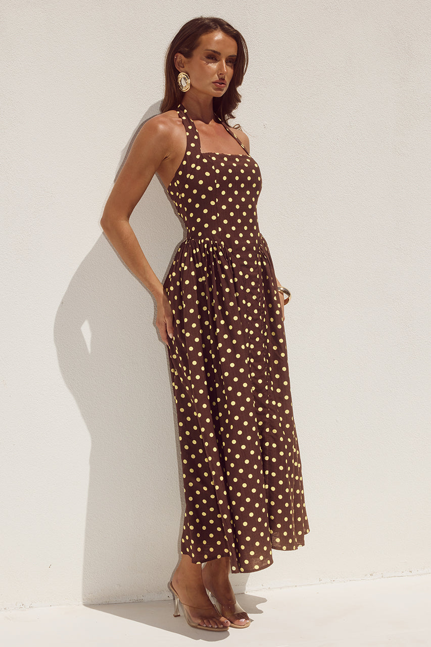 SAMMI HALTER MIDI DRESS - CHOC/LEMON POLKA - SAMMI-HALTER-MIDI-DRESS---CHOC-LEMON-POLKA_bccdd49e-1f64-457d-b746-9ffd777fdc18
