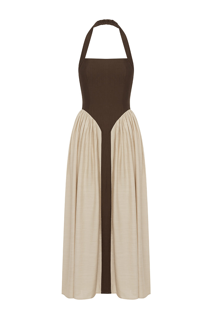 SAMMI HALTER MIDI DRESS - CHOCOLATE/SAND