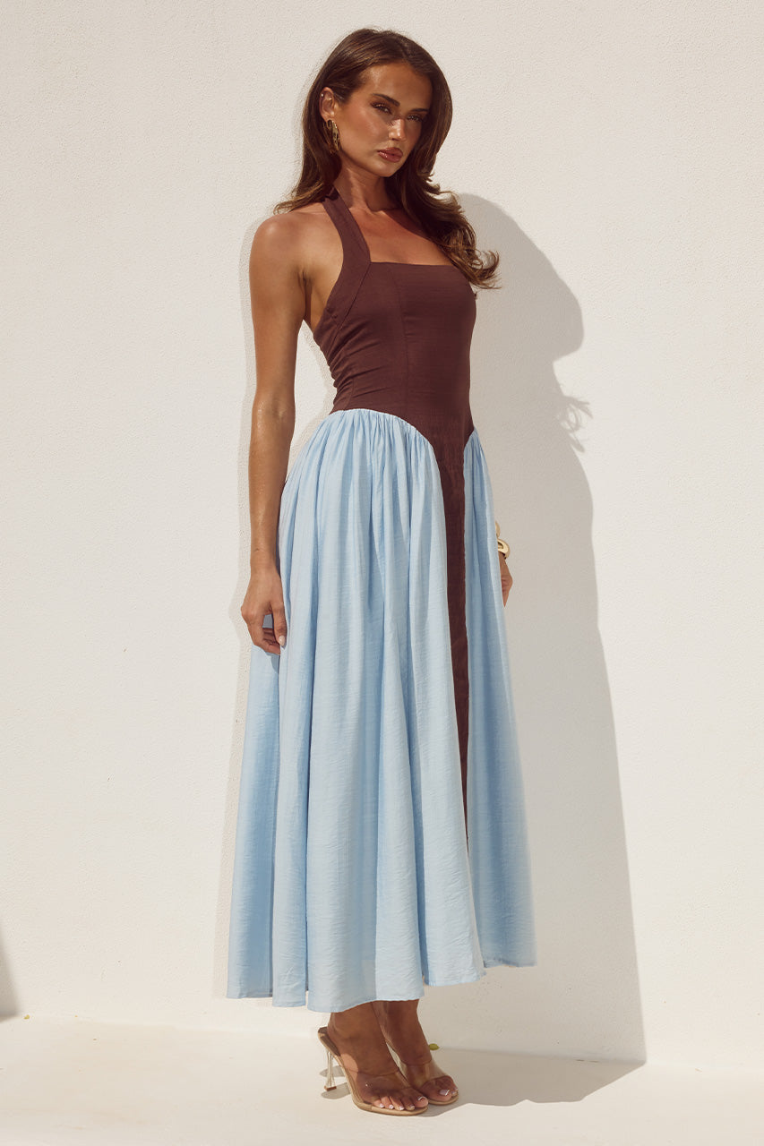 SAMMI HALTER MIDI DRESS - CHOCOLATE/SKY BLUE - SAMMIHALTERMIDIDRESS-CHOCOLATESKYBLUE-3