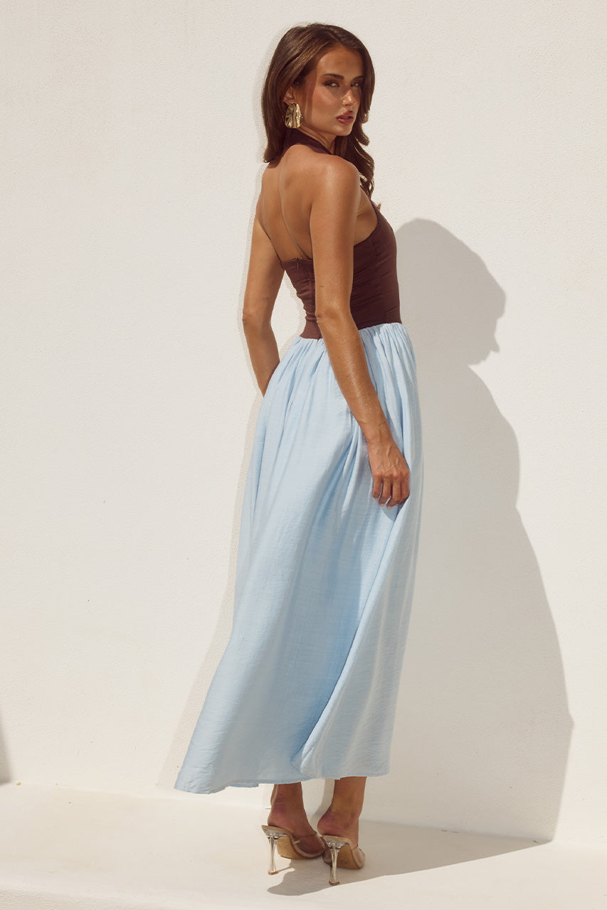 SAMMI HALTER MIDI DRESS - CHOCOLATE/SKY BLUE - SAMMIHALTERMIDIDRESS-CHOCOLATESKYBLUE-4