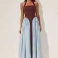 SAMMI HALTER MIDI DRESS - CHOCOLATE/SKY BLUE