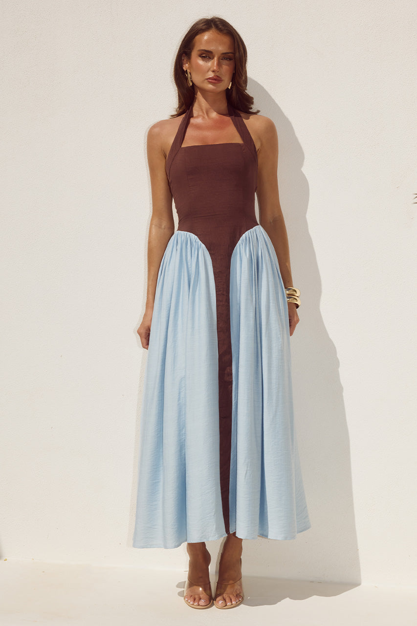 SAMMI HALTER MIDI DRESS - CHOCOLATE/SKY BLUE XXL - SAMMIHALTERMIDIDRESS-CHOCOLATESKYBLUE-5