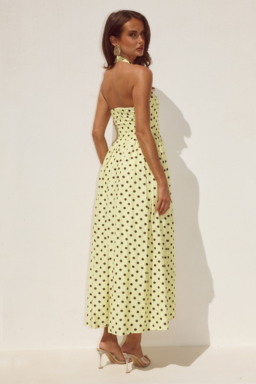SAMMI HALTER MIDI DRESS - LEMON/CHOC POLKA - SAMMIHALTERMIDIDRESS-LEMONCHOCPOLKA-2
