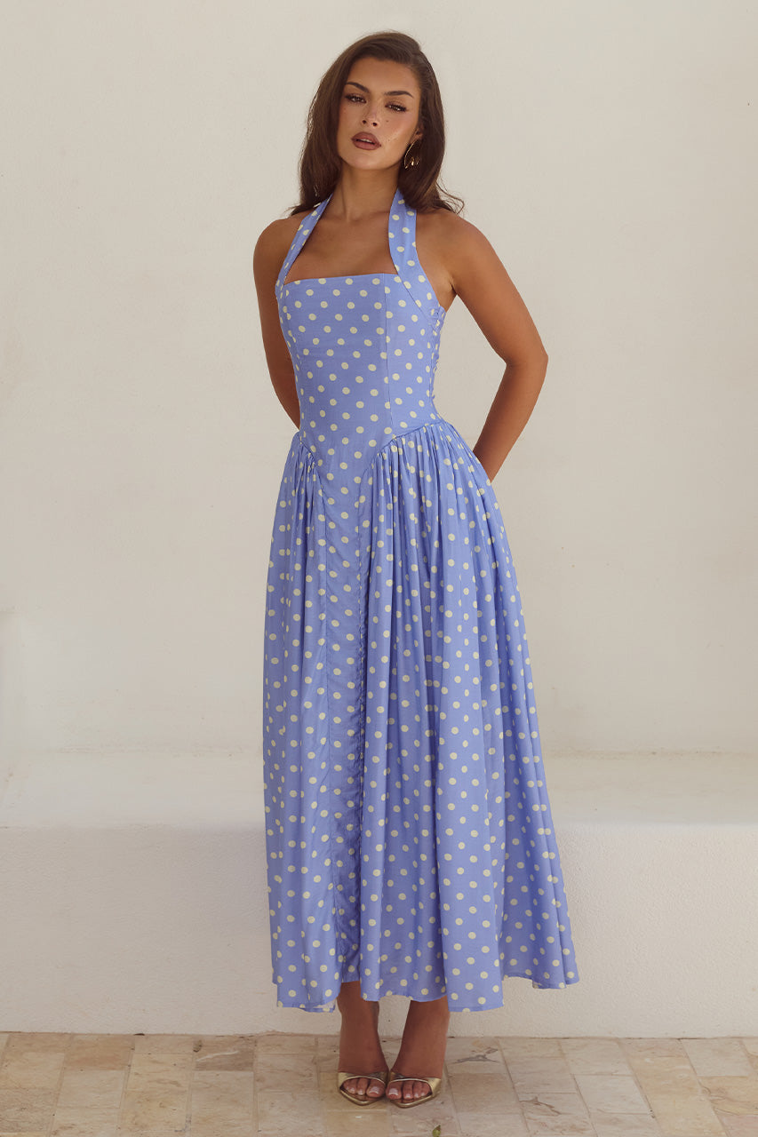 SAMMI HALTER MIDI DRESS - PERIWINKLE/LEMON POLKA