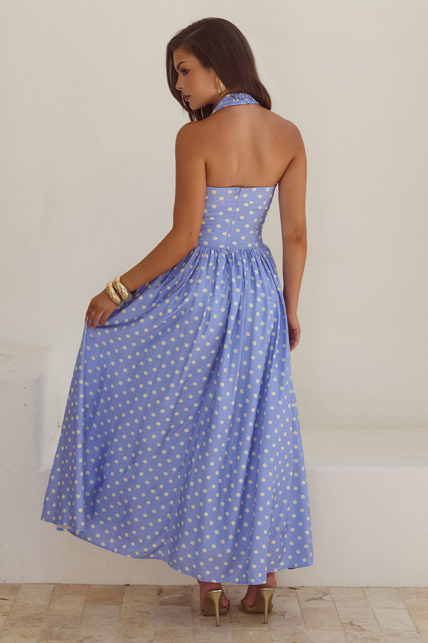 SAMMI HALTER MIDI DRESS - PERIWINKLE/LEMON POLKA