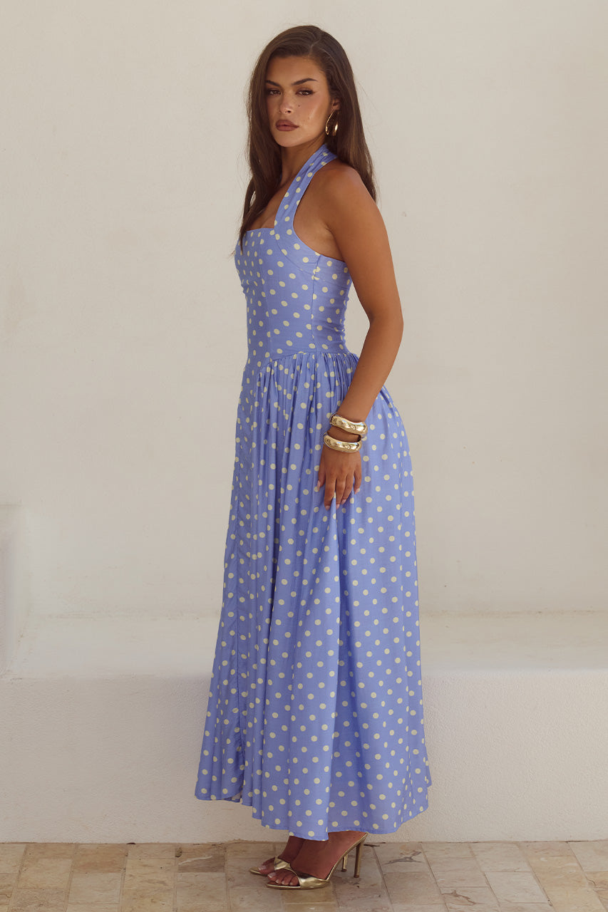 SAMMI HALTER MIDI DRESS - PERIWINKLE/LEMON POLKA - SAMMIHALTERMIDIDRESS-PERIWINKLELEMONPOLKA
