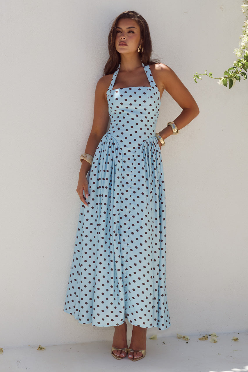 SAMMI HALTER MIDI DRESS - SKY BLUE/CHOC POLKA XXL - SAMMIHALTERMIDIDRESS-SKYBLUECHOCPOLKA-1