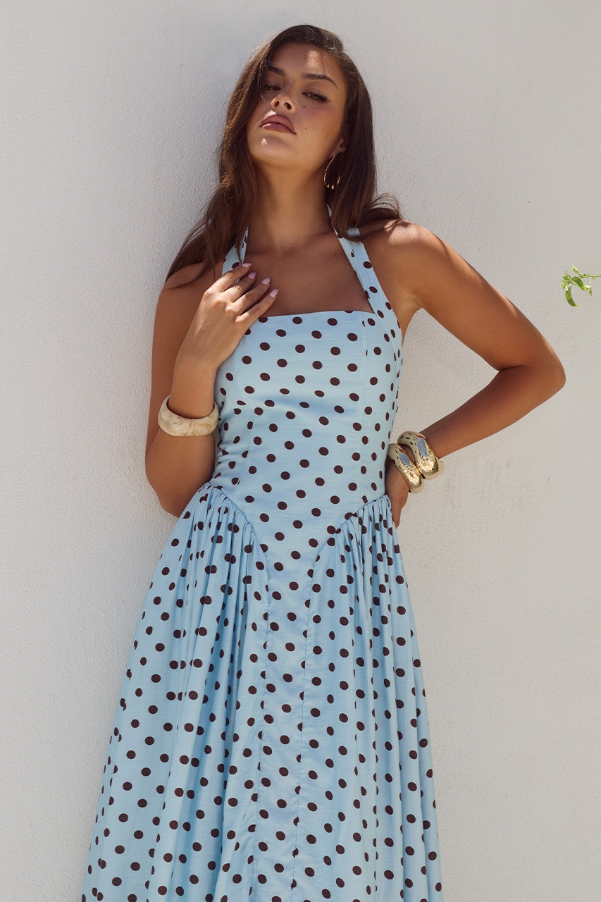 SAMMI HALTER MIDI DRESS - SKY BLUE/CHOC POLKA - SAMMIHALTERMIDIDRESS-SKYBLUECHOCPOLKA-3